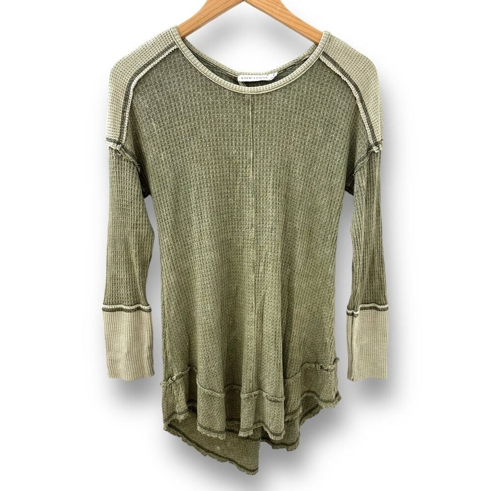 Women’s Hunter Green Waffle Knit Sweater Distressed Vintage Look Asymmetrical S